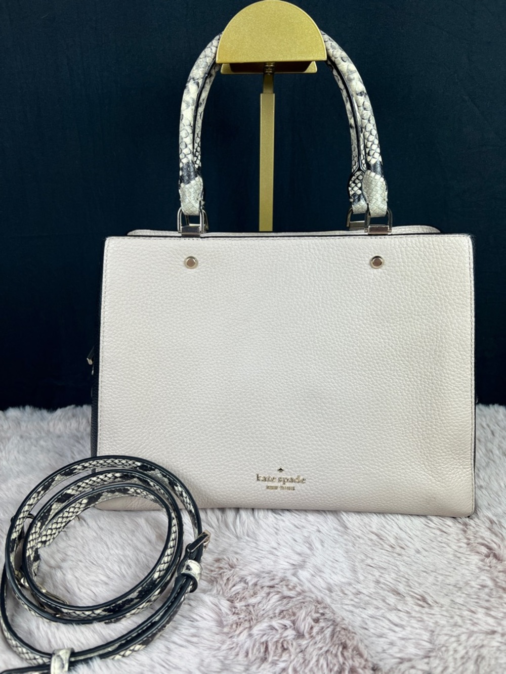 Kate Spade Leila Medium Triple Compartment Satchel - Parchment Multi Snake EUC